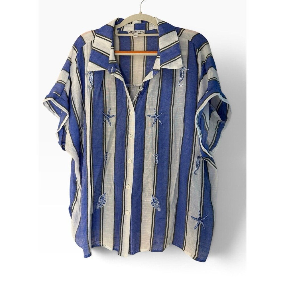 Kate Park Women’s Button Down Beach Shirt Embroidered Sea Theme 3XL
